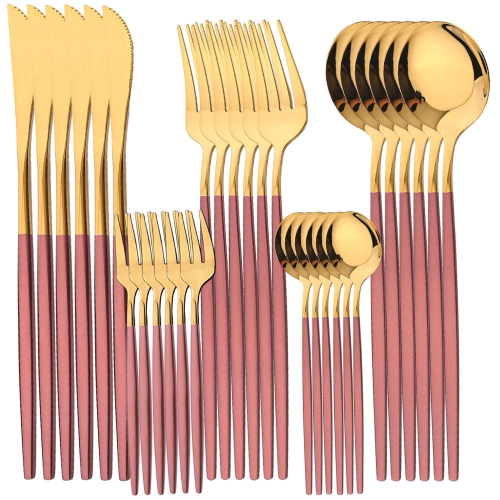 30Pcs Gold Thin Cutlery Stainless Steel Tableware Western Dinner Set Solid Color Knife Fork Spoon Mirror Kitchen Utensils