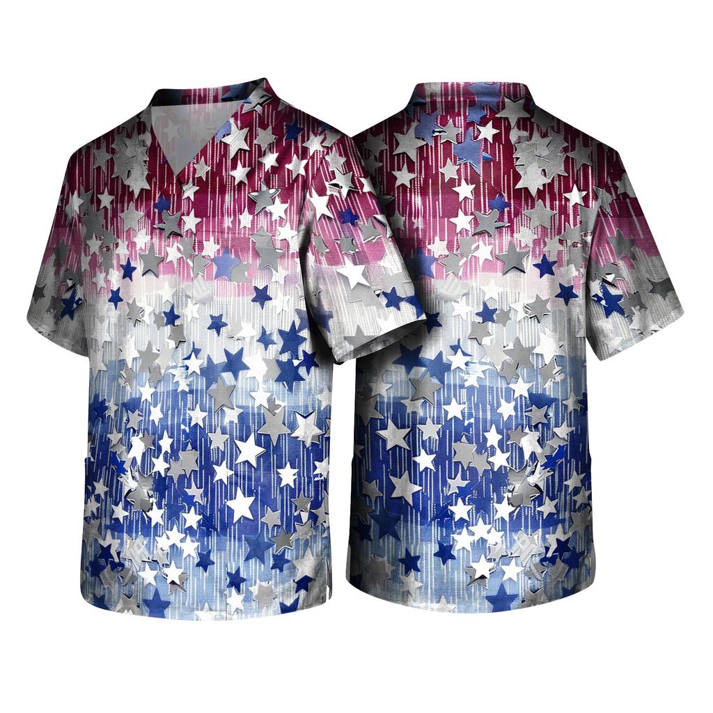 Men's Short Sleeve V-Neck Print Chest Pocket Care Top