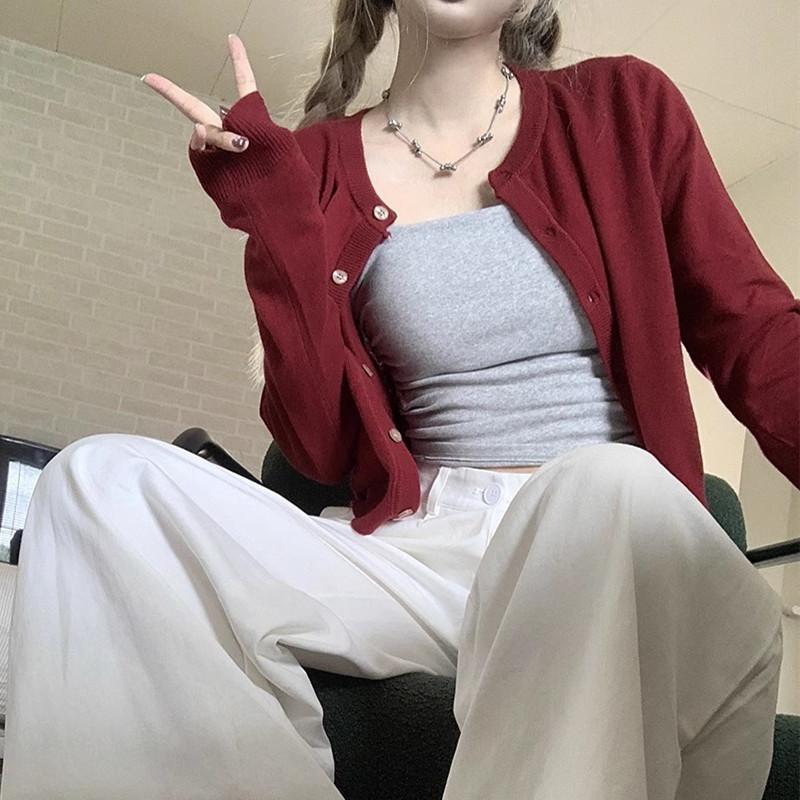 Fashion Casual Long Sleeve O-neck Knitted Cardigan Sweater Spring Autumn Loose Women Elegant Slim Fit Solid Color Top Office Thin Simple Short Coat