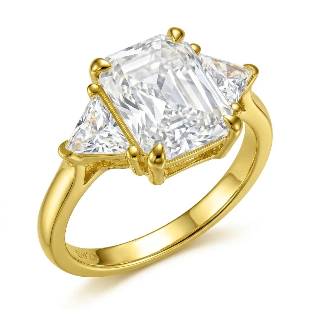18K Gold Plated S925 Silver Emerald Cut Three Stone Moissanite Ring Triangle Side Stone Band Engagement Wedding Ring for Women