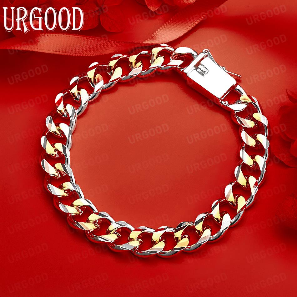 925 Sterling Silver 10mm Side Chain Square Clasp Fashion Bracelet Gift Jewelry