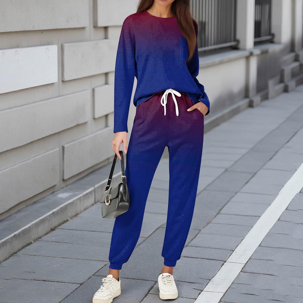 Sets für Damen 2-teilig Rundhals Langarmshirts Bedruckte Jogginghosen Taschensets