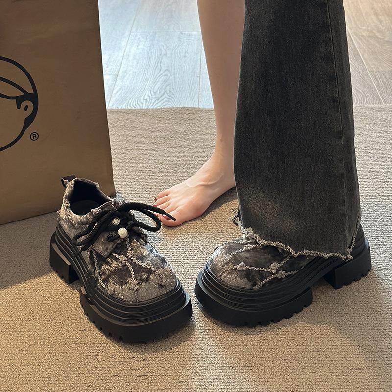 Big Head Lace-up Small Leather Shoes Women's 2025 Spring New Small Platform Women's Shoes Fashion Heightening Loafers