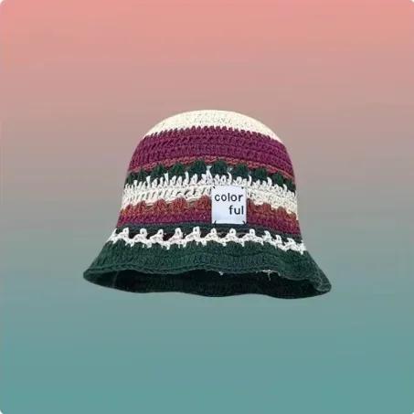 

New Japanese Contrasting Color Knitted Bucket Hat Women Sweet Cute Niche Spring Summer Crocket Beach Sun Bucket Hat M(56-58CM) зелёный
