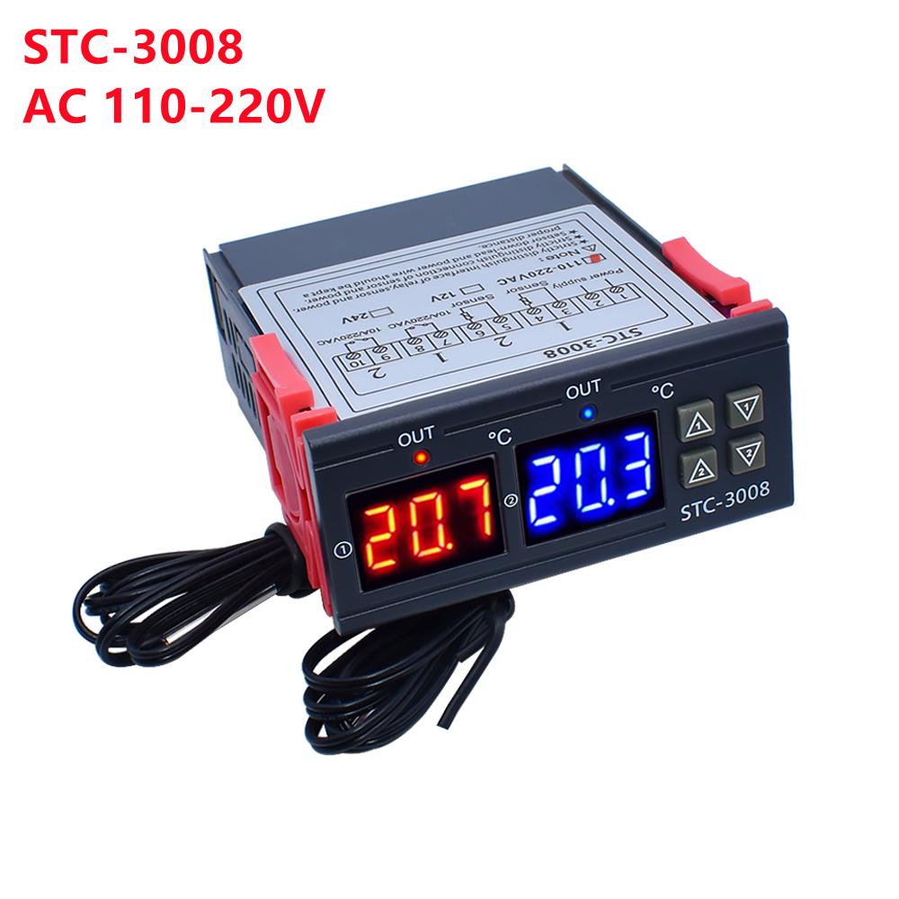 Controlador de Temperatura Digital Duplo STC-3008 Termostato com Saída de Dois Relés Aquecedor com Sonda 12V 24V 220V Geladeira Doméstica Frio Calor