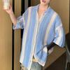 Summer Men Shirt Knitted Color Matching Lapel Elastic Japanese Style Single-breasted Short Sleeves Retro Antu-shrink Casual Vacation Beach Top