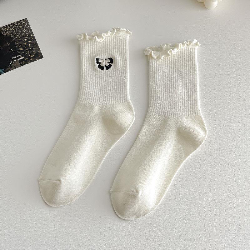 Ladies Spring and Autumn Fungus Lace Bow Embroidery Medium Tube Pile Pile Cotton Socks