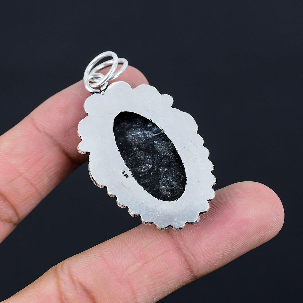 Gift For Women Pendant 925 Sterling Silver Natural Black Fossil Coral Gemstone