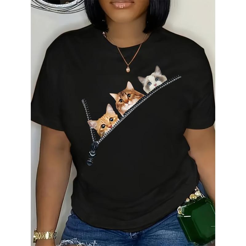 

Womens Zipper Cat Print Crew Neck Short Sleeve T Shirt Casual Spring Summer Top 4XL чорний
