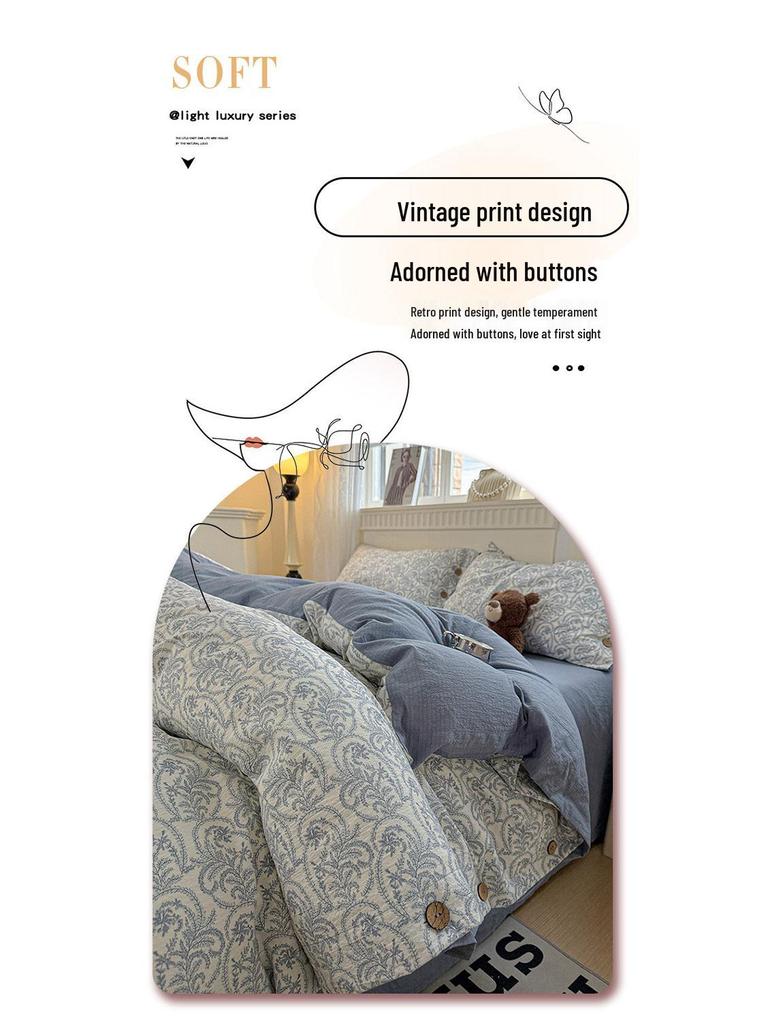 Retro Floral Linen Bedding Set: Autumn & Winter 4-Piece with Button Duvet Cover & Sheet