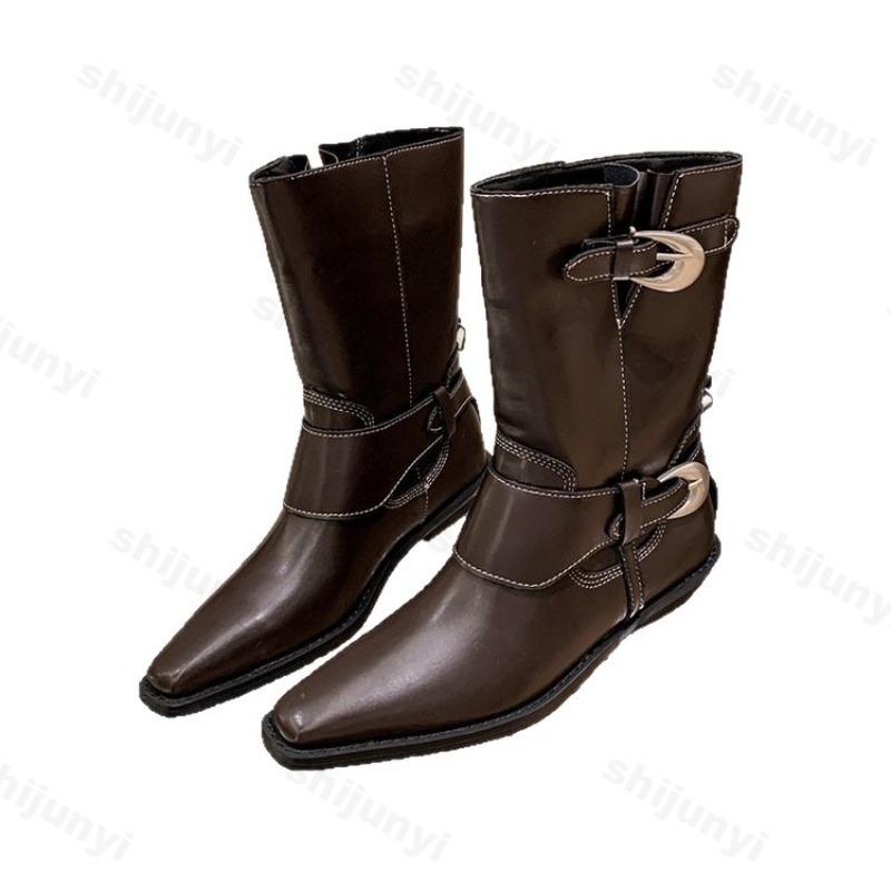 Fashion Womens Ankle Boots 2025 Autumn Fashion Belt Buckle Non-slip Soft Sole Square Toed Retro Fashion Short Boots Low-heel Botas Mujer