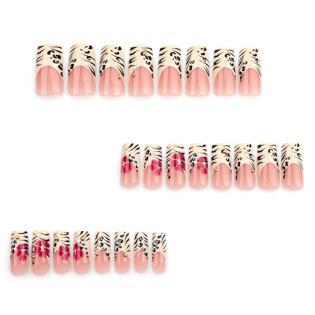 Nouveau design français à imprimé léopard avec strass diamant rouge fleur manucure faux ongle pièce d'ongle carrée européenne et américaine