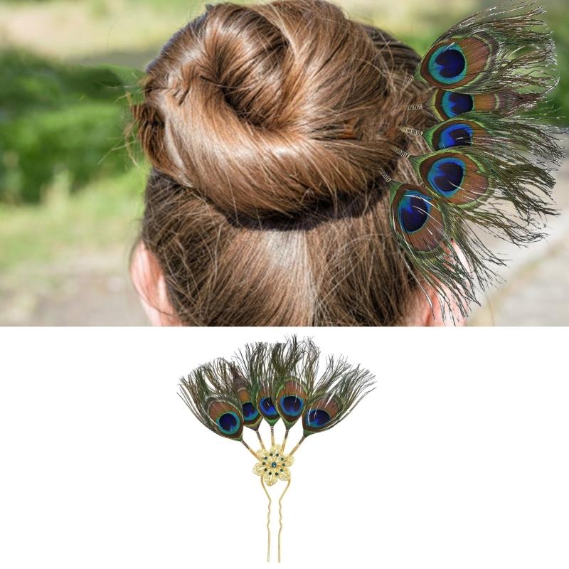 Alloy Peacocks Leaf Hair Stick Hairpieces with Rhinestones Thai Ethnic Hair Ornament Daily Hairstyle Embellishment