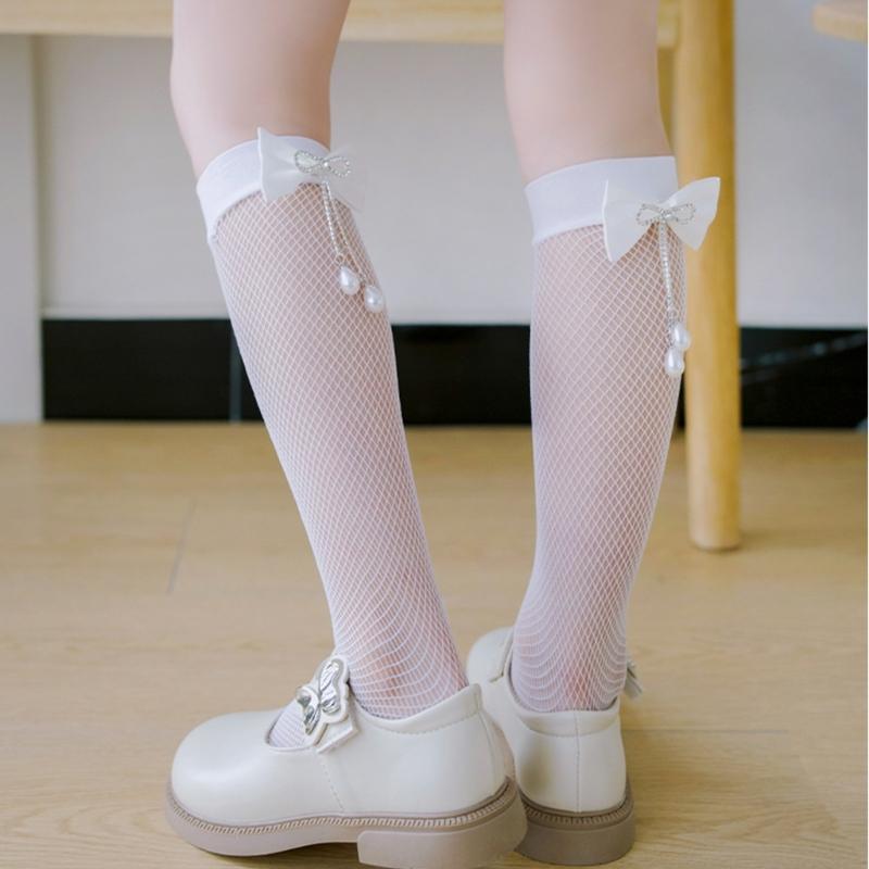Pack of 1 Pair Girls Breathable Mesh Knee Length Socks Bowknot Accent Socks Stretchy Comfort for 3-10Y Kids