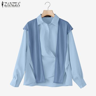 Women Patchwork Turn Down Collar Casual Long Sleeve Blouse