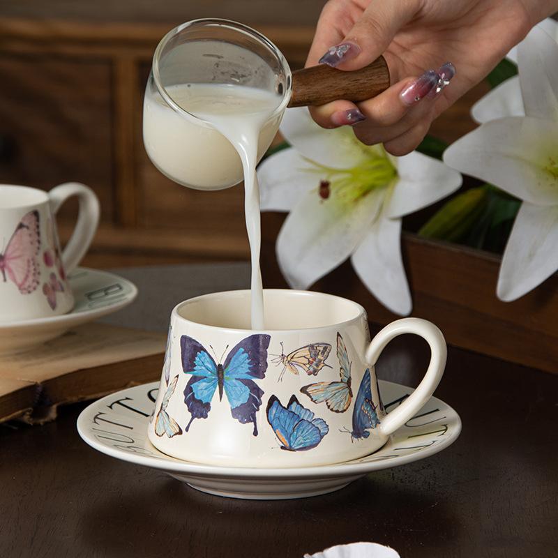 High Value Butterfly Coffee Cup Saucer Set Ceramic Mug Girl Drinking Water Cup Luxurious High End Souvenir