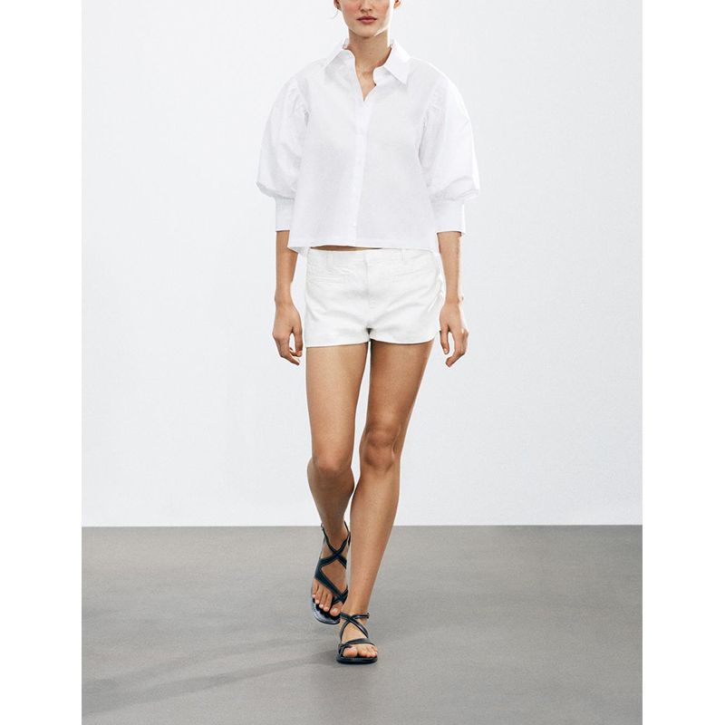 Spring and Summer New Women's Clothing Commute Leisure Decorated Row Button Cotton Puff Sleeves Poplin Lapel Shirt 2731082