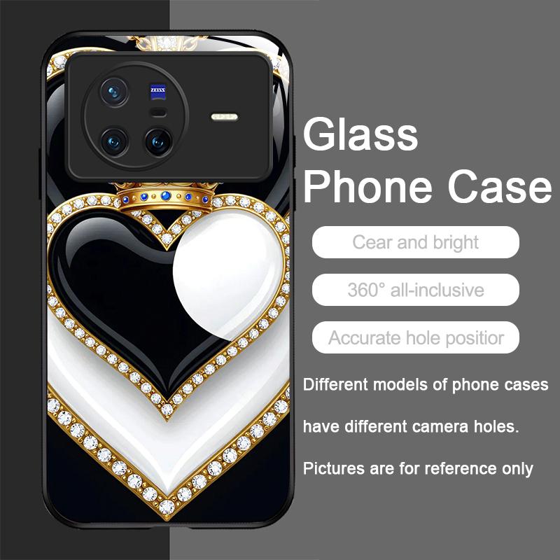 Stylish Black White Heart with Pearls Tempered Glass Phone Case for OPPO Reno 13F 12 11 10 ProPlus Find X8 X3 Lite A58 A94 Cover