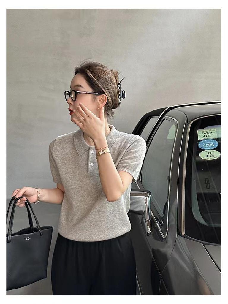 Korean Style Slimming Polo Collar Knit Shirt - Women's Casual Summer Pullover