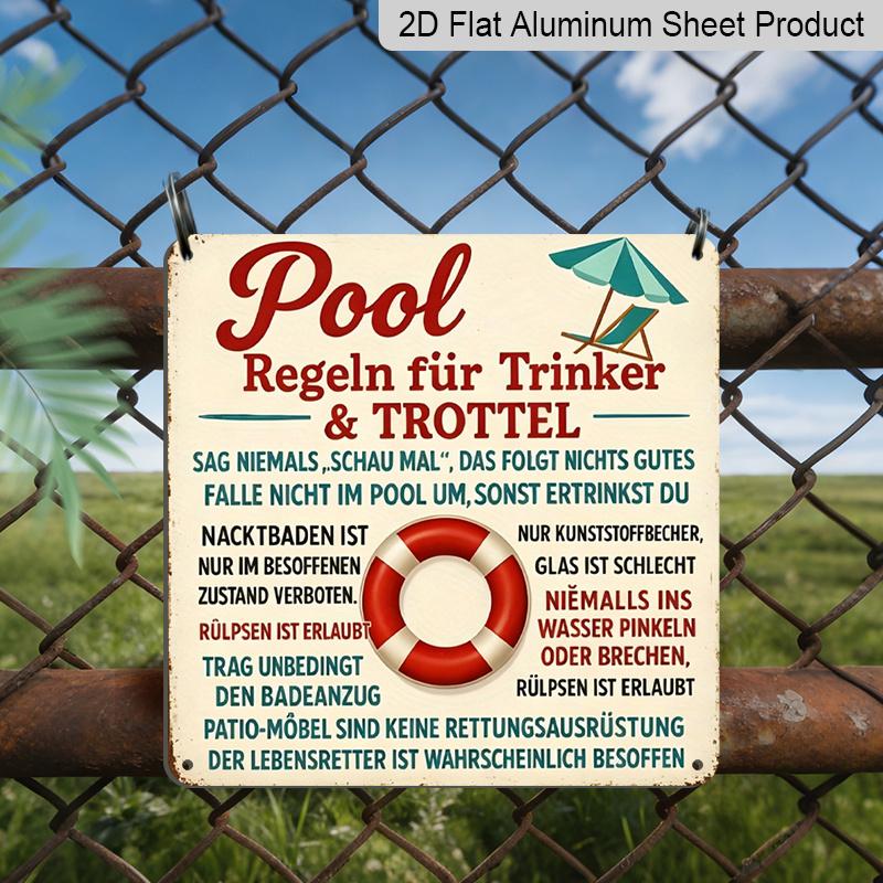 

2D Flat, 1pc Vintage Aluminum Pool Party Rules Sign - Retro Metal Wall Decor with Humorous German Phrases, Patio, Outdoor, Club & Summer Gatherings 20*20cm