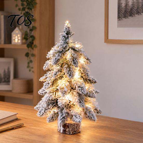 Indoor Small Decorative Pine Trees Mini Flocked Christmas Tree with LED Lights, Tabletop Nordic Holiday Party Home Office Decoration Wood Base, Rustic