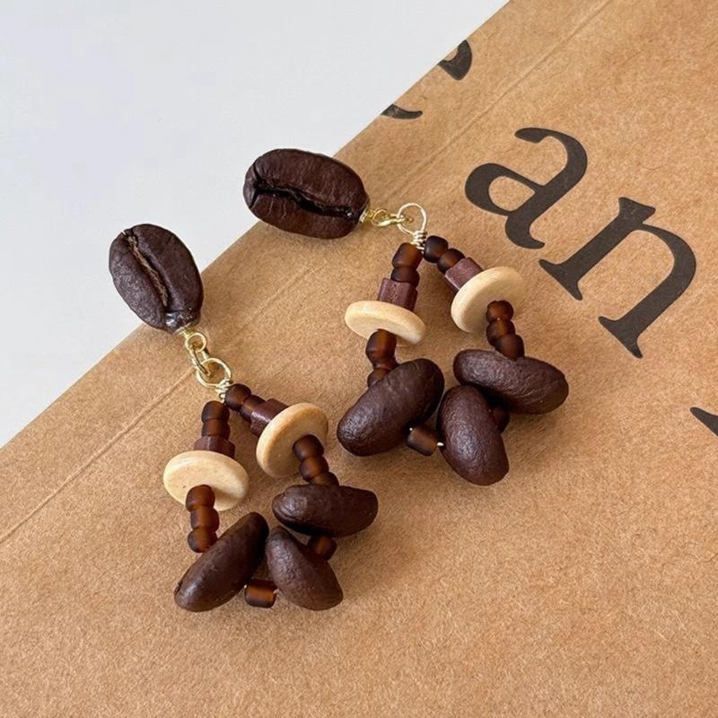 Unique Coffee Bean Studs Earrings for Fashion Enthusiasts Lightweight Wood Beaded Ear Pendants Jewelry for Daily Wear