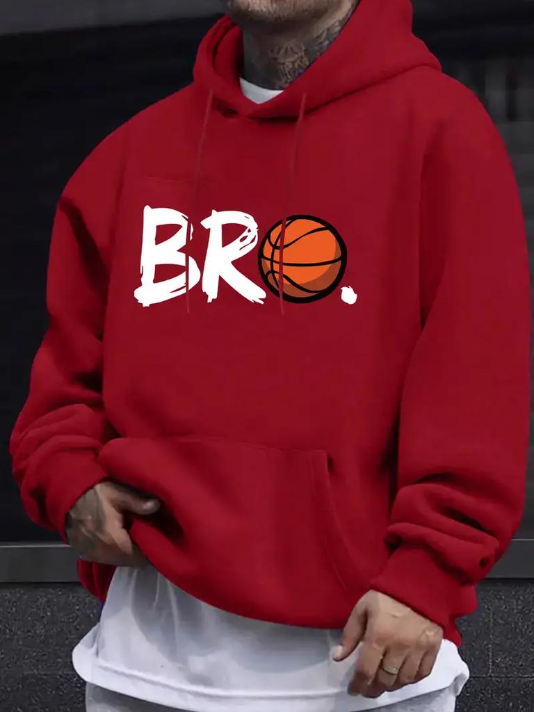 Herren lässiges Kapuzensweatshirt - leuchtend rot BRO Basketballmuster Aufdruck, langärmeliger Pullover mit Vordertasche, maschinenwaschbar