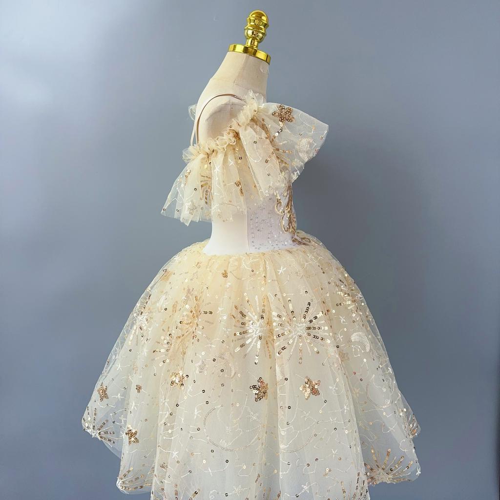 Tutu da Balletto Romantico per Bambina Gonna da Danza Gonna da Balletto con Paillettes Dorate Abbigliamento per Esibizioni di Balletto Abito Lungo da Principessa