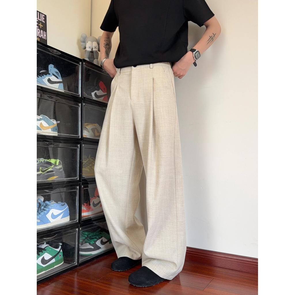 Solid color drape straight trousers men's trend loose wide legs fashion commuting summer slim casual versatile trousers