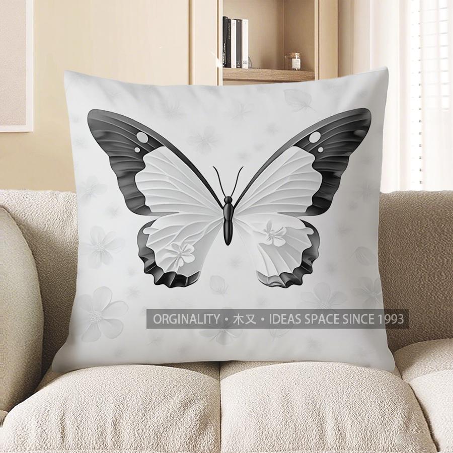 Home Decor Black Butterfly & White Flowers Throw Pillow Pattern Cushion Cover Suitable For Sofa Bedroom Car Pillow Cover