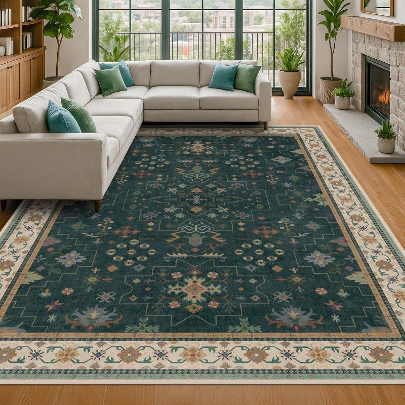 Retro Bohemian Living Room Carpet Foldable Machine Washable Sofa Coffee Table Non-slip Floor Mat Home Bedroom Bedside Soft Rug