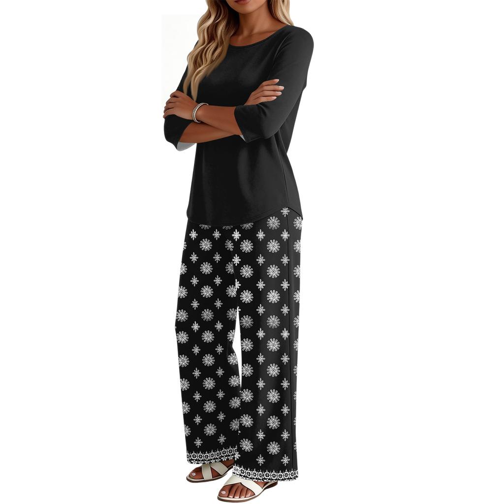 Women's Casual Fashion Round Neck Loose Fit Printed Three Quarter Sleeve Top with Wide Leg Pants Set Comfortable Lounge Wear