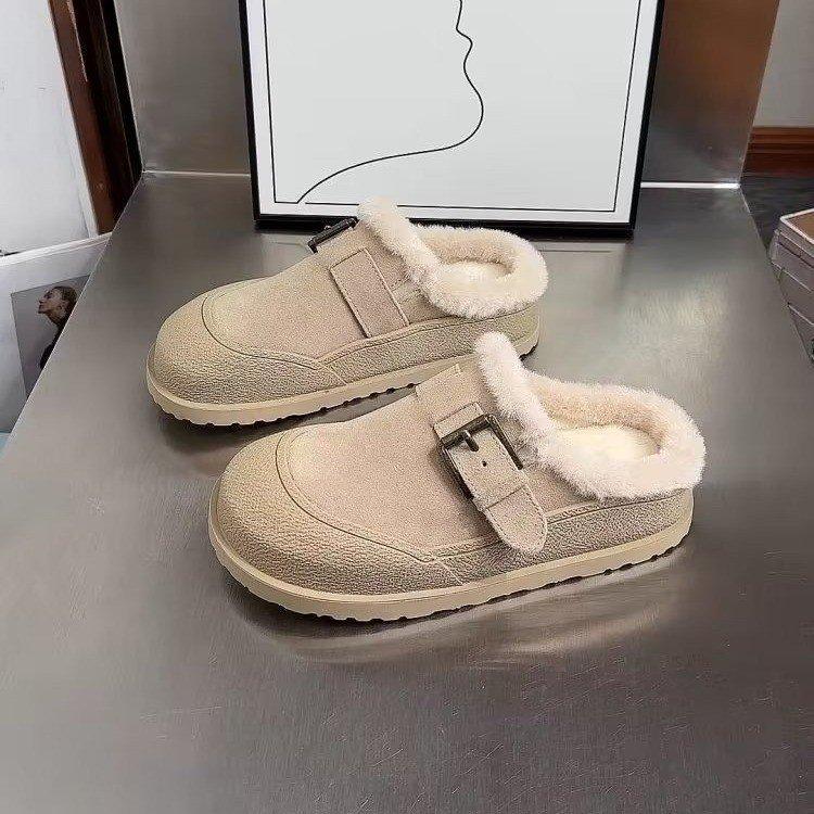 Baotou drag fleece women's shoes 2025 winter new soft-soled cork non-slip thick-soled fluffy slippers women's round head