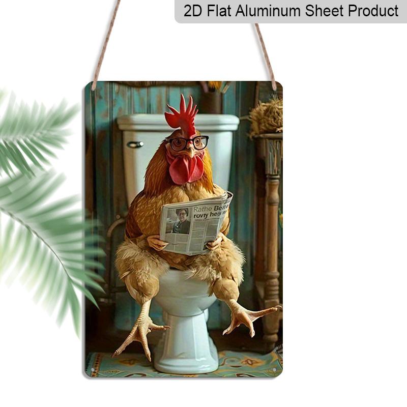 2D Flat 8×12 Inch Funny Rooster with Glasses Reading Newspaper on Toilet Metal Sign - Whimsical Vintage Bathroom Wall Decor, Aluminum Hanging for 20*30cm