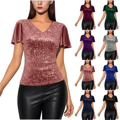 Damen Modisches Einfarbiges Paillettenbesetztes Kurzarm-Pullover-Top