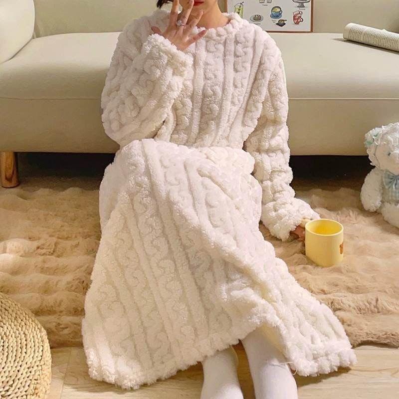 Long Warm Nightgown For Tall Women Autumn Winter Cold Resistant Cute Full Length Long Sleeve Loose Thermal Bath Robe Dress