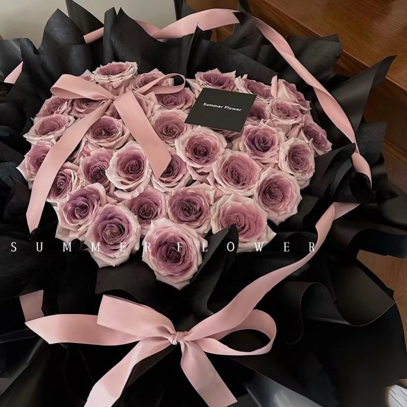 Smoked Plum Sauce Bouquet with Pink Ribbon - Qixi Valentine's Day Fresh Flower & Artful Gift Box Decoration.