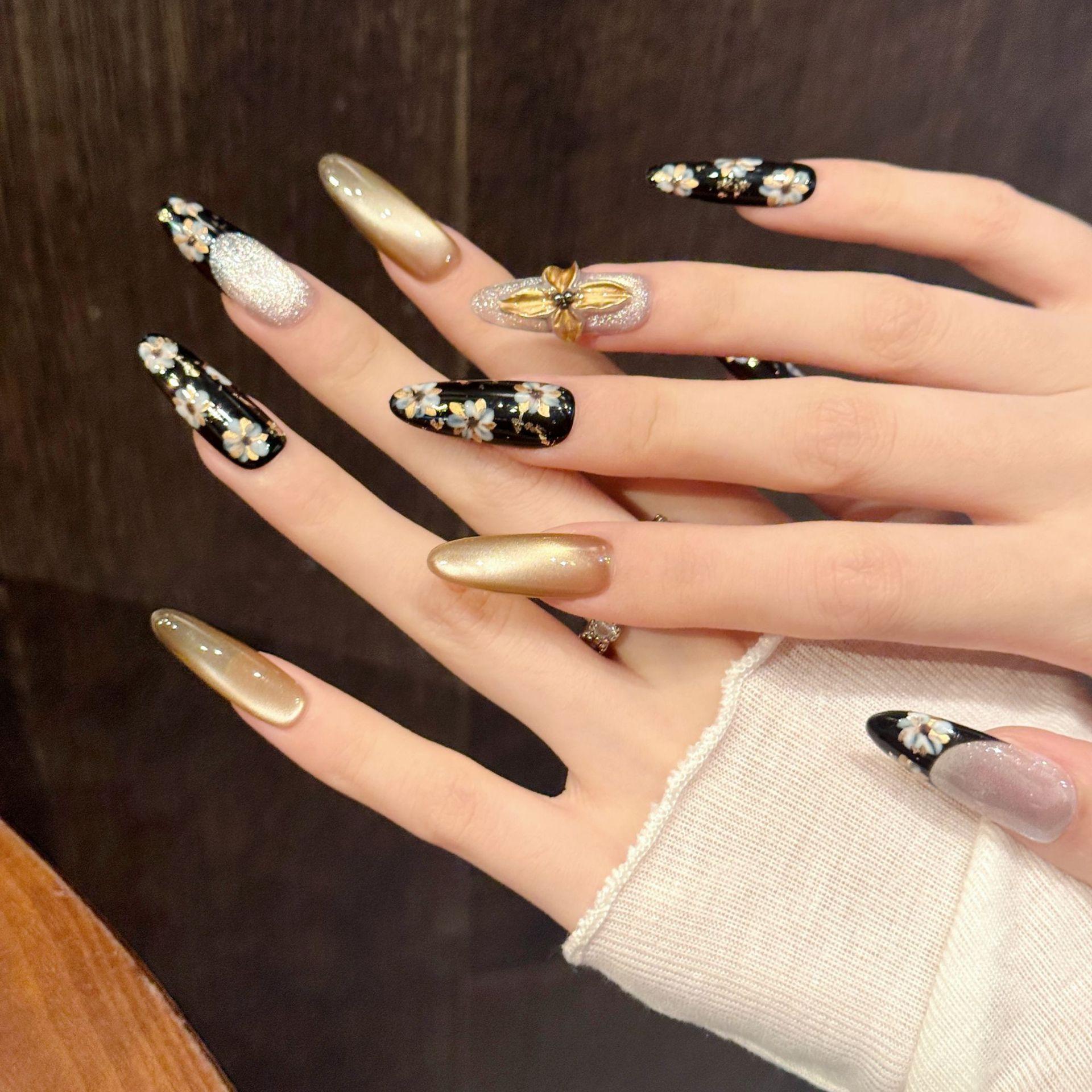 

Ногти средней длины, накладные ногти миндалевидной формы, блестящие накладные ногти, полное покрытие, клей для ногтей, многоразовые блестящие искусственные накладные ногти для женщин L