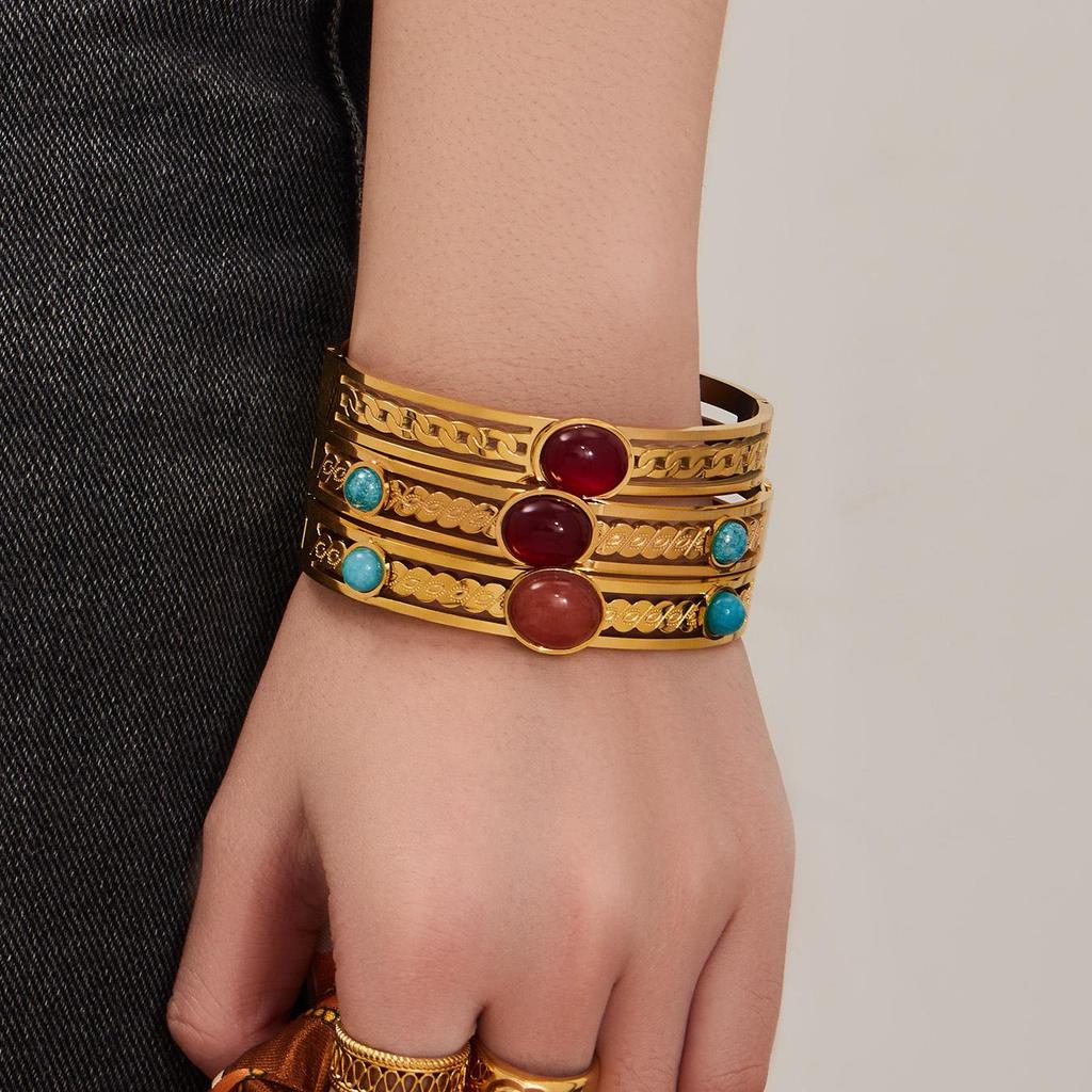 Personalized Red Agate Drip Oil Gold-Plated Stainless Steel Geometric Bracelet