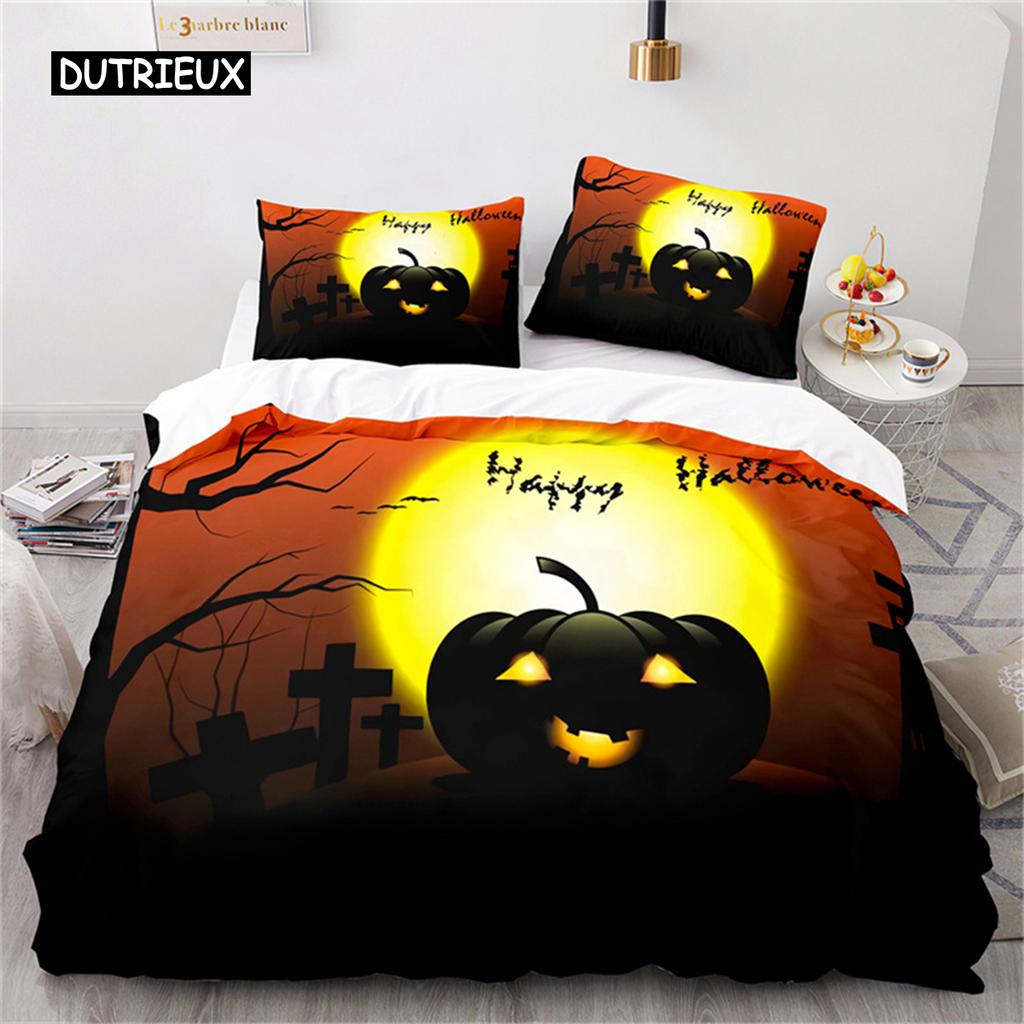 Duvet Cover Halloween Bedding Set Pumpkin Polyester Cartoon Horror Festival Bat Comforter Cover Twin for Kid Adult Gift Bedroom