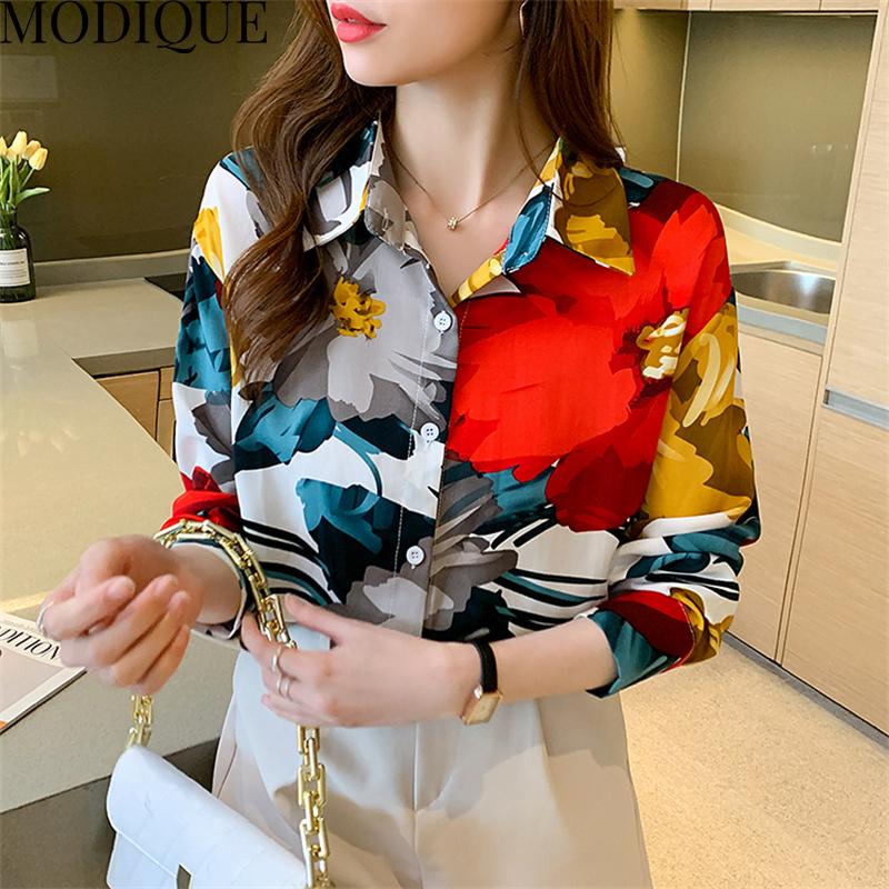 MODIQUE Jaro Léto Nadměrná velikost Dámské Volné Vintage Ležérní Bavlna Len Šifon Květinový potisk Halenky Košile Dámská Móda Výstřih do V Dlouhý rukáv Kabáty