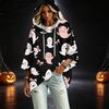 Women's Pullover Hooded Top with Three-Quarter Sleeves and Halloween Print for Costume Party