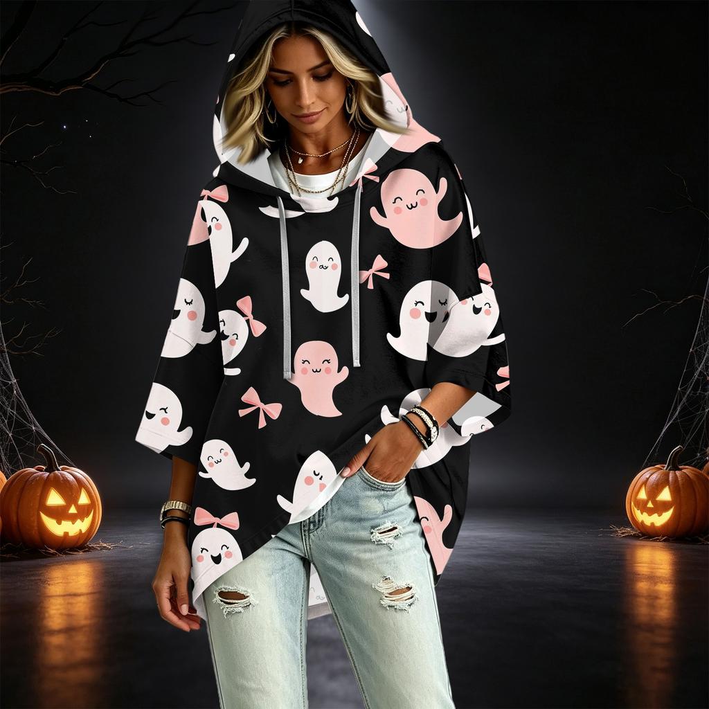 Women's Pullover Hooded Top with Three-Quarter Sleeves and Halloween Print for Costume Party