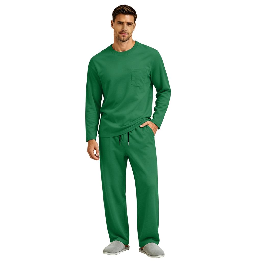 Men's Long Sleeve Pajama Set with Button Fly and Elastic Drawstring Waist for Sleep and