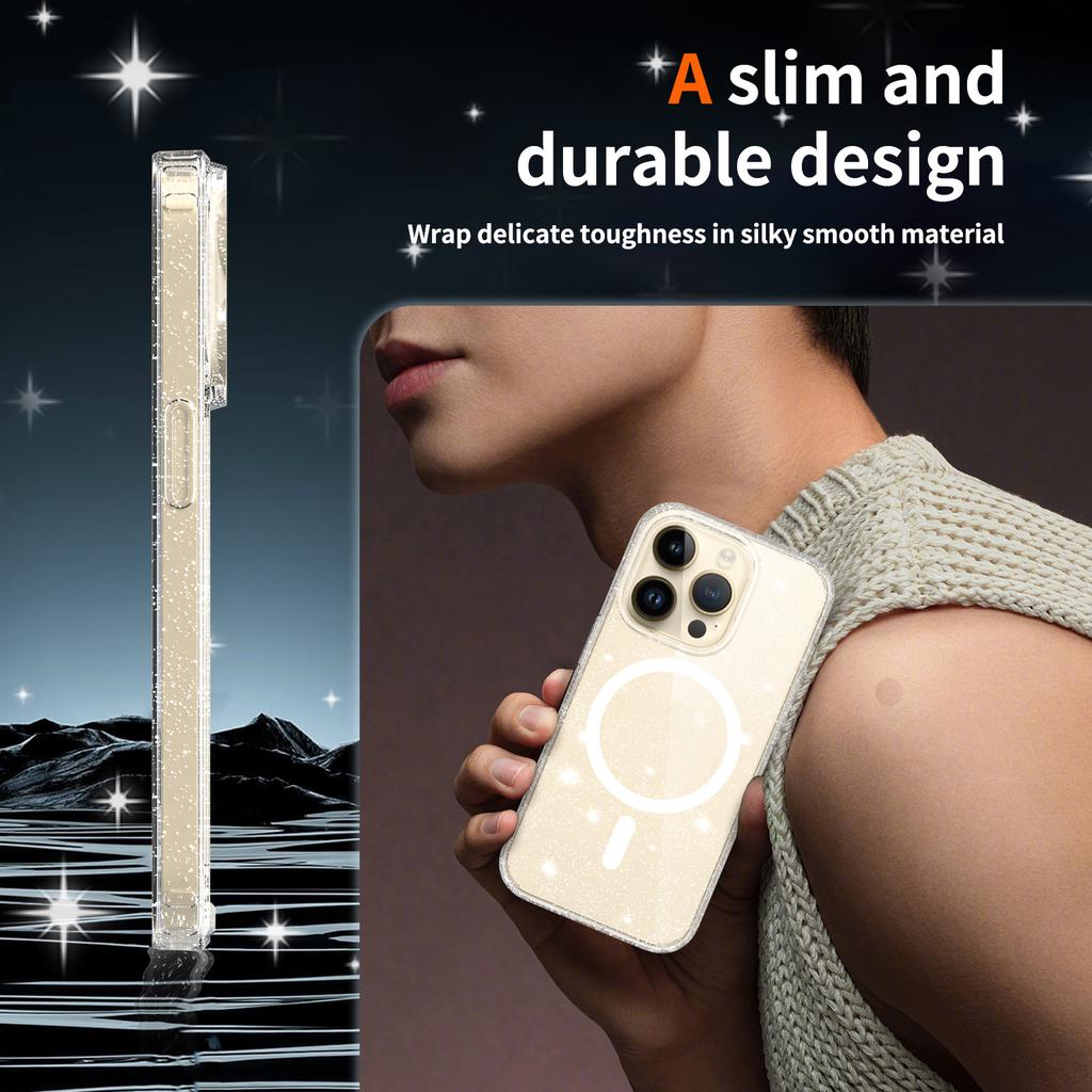 Anti-Yellowing Mag Safe Phone Cover for Magsafe Iphone 17 Pro Max Air 17Pro Iphone17 16 Plus 16E 15 14 Pro 13 Pro Clear Glitter Case