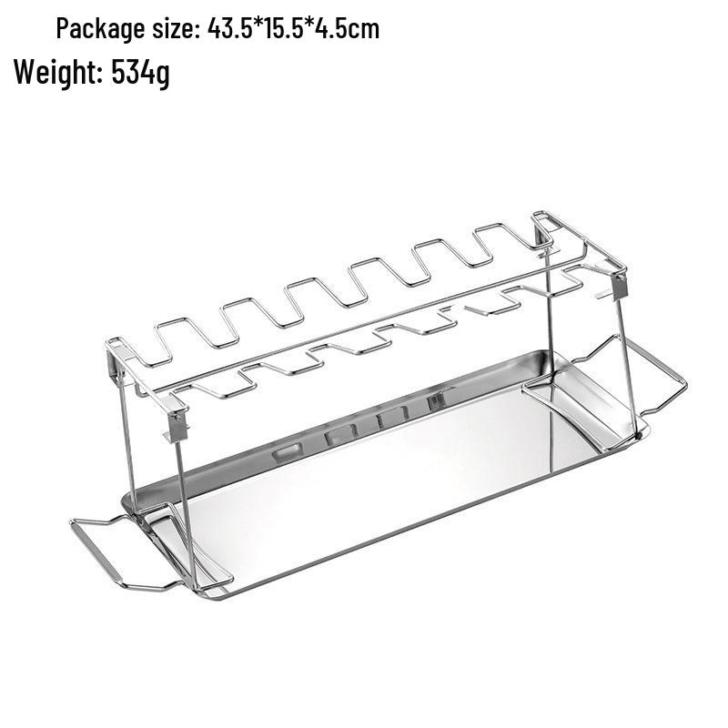 Foldable Stainless Steel BBQ Chicken Leg Rack with 14 Slots and Base Tray