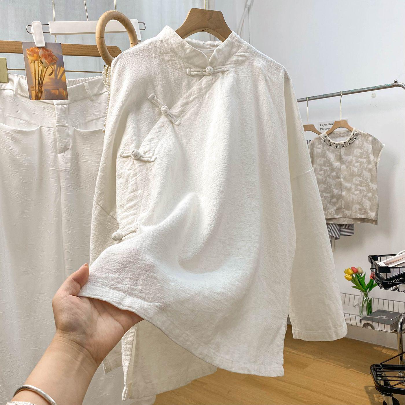 Retro Artistic Stand Collar Frog Button Cotton-Linen Long Sleeve Shirt M