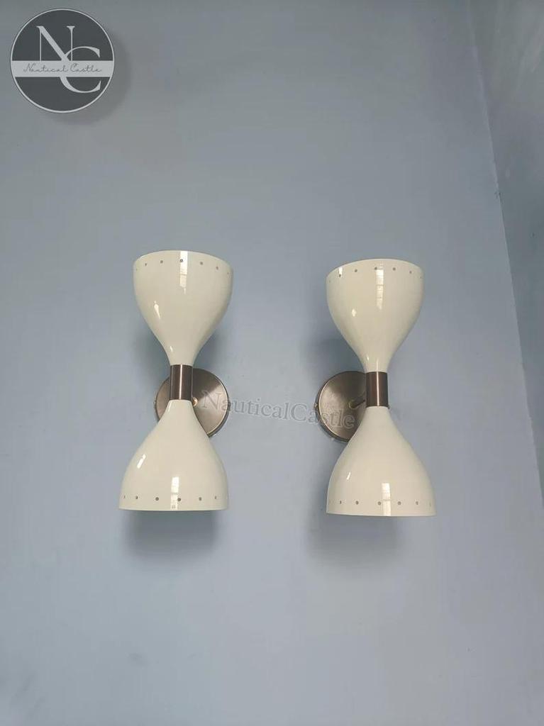 Mid Century Italian Brass Diabolo Wall Sconce Pair - Cream White