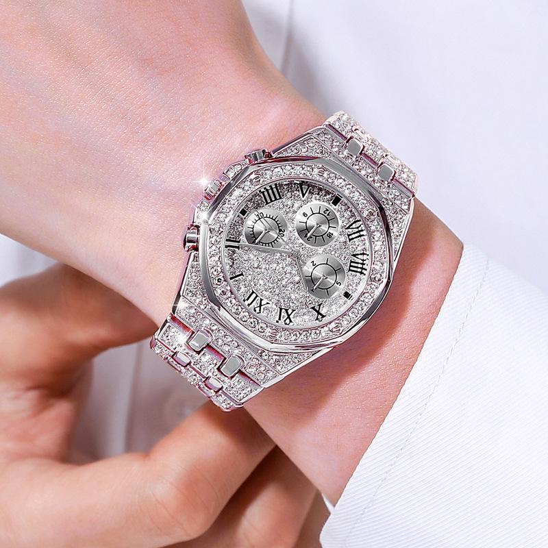 Luxury Men Gold Watches Fashion Three-eye Full Diamond Roman Pattern Stainless Steel Hip Hop Casual Quartz Wristwatch Male Clock