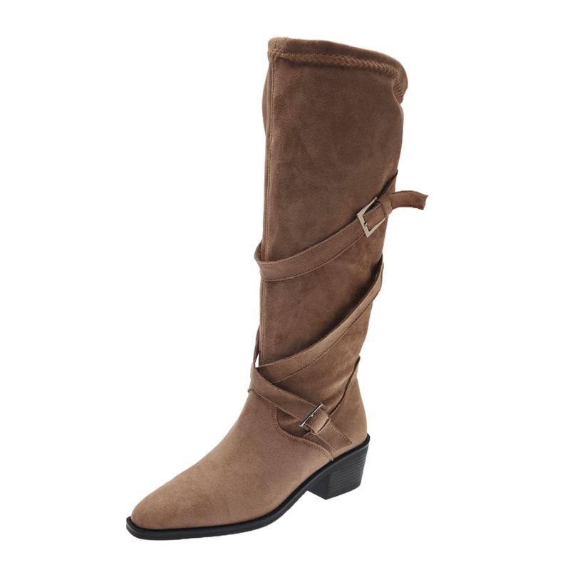 Soft Leather Version~ Retro Belt Buckle Thick Heel Boots But Knee Skinny Knight Boots Pointed Pleated Pile Boots Women